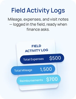 Field Activity Logs: mileage, expenses, and visit notes logged in the field, ready when finance asks