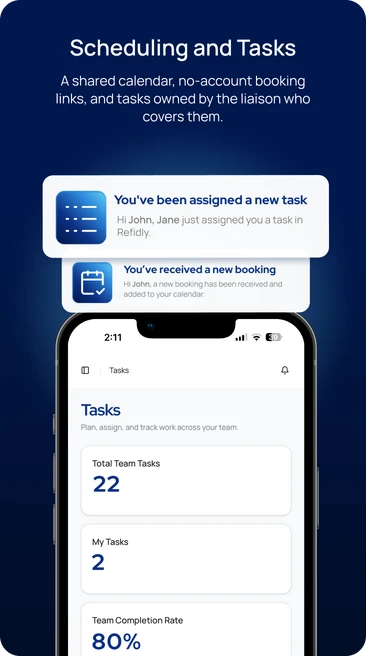 Scheduling and Tasks: a shared calendar, no-account booking links, and tasks owned by the liaison who covers them