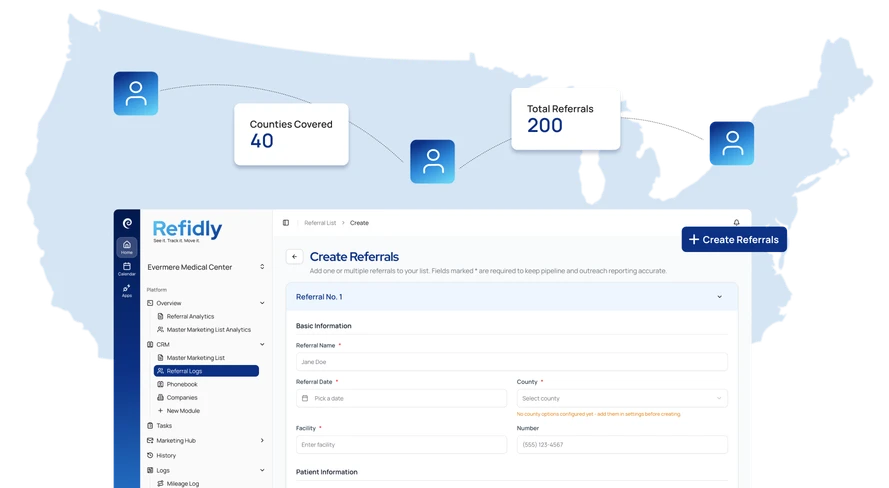 Refidly referral coverage map with the create-referral workspace